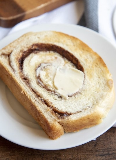 A slice of cinnamon swirled bread toasted