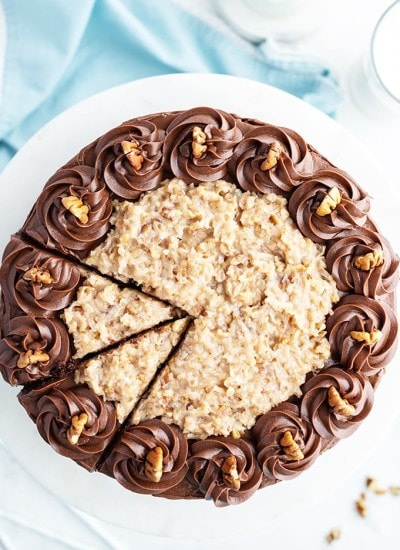 German Chocolate Cake with coconut pecan frosting and chocolate buttercream