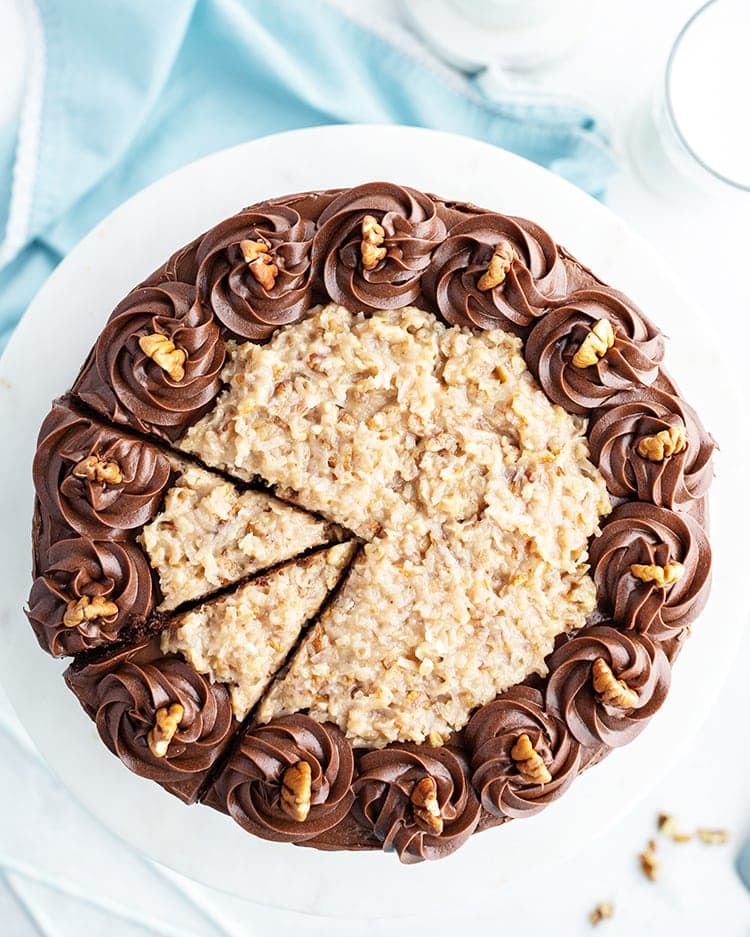 German Chocolate Cake with coconut pecan frosting and chocolate buttercream