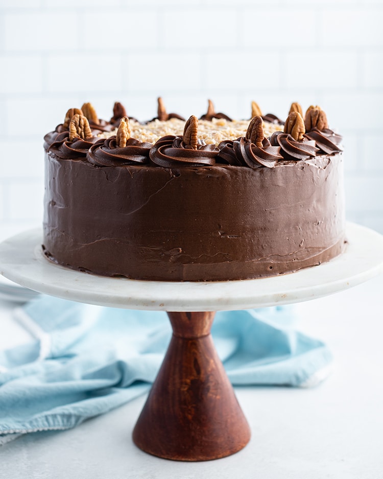 German Chocolate cake on a cake stand