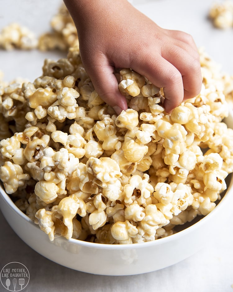Caramel Popcorn with caramel made in the microwave.