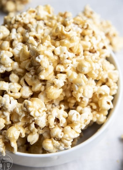 A bowl of caramel popcorn.