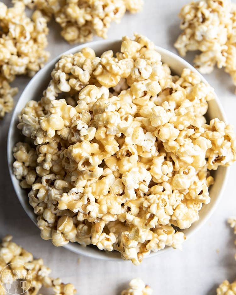 A bowl of gooey caramel popcorn for the perfect nighttime snack