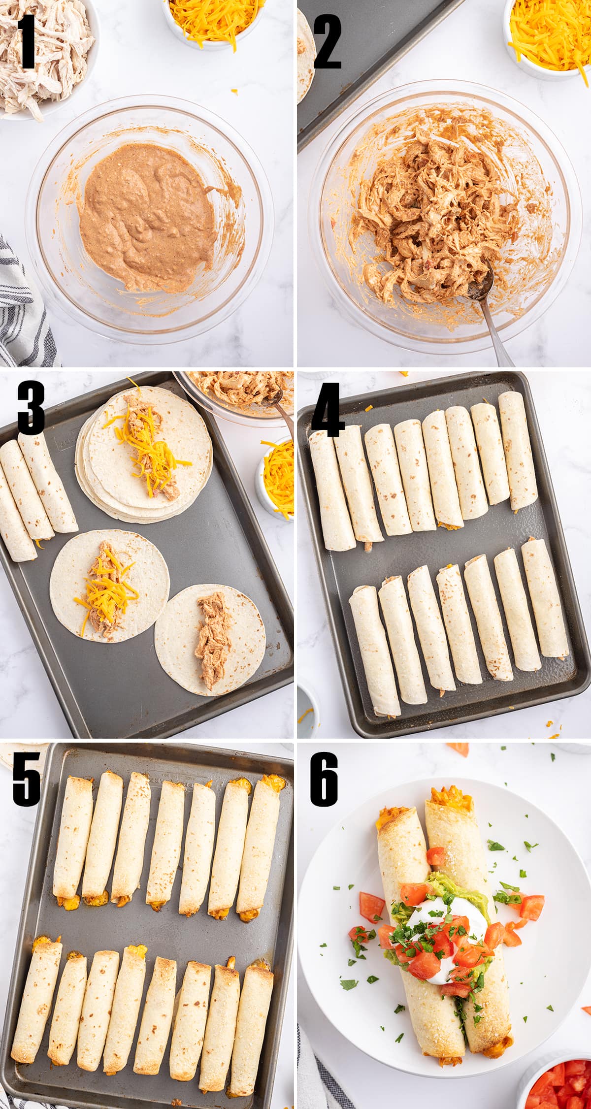 A collage of 6 photos showing the steps on how to make creamy chicken taquitos. 