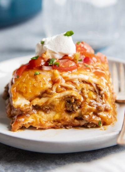 A close up of dutch oven enchilada casserole on a plate.