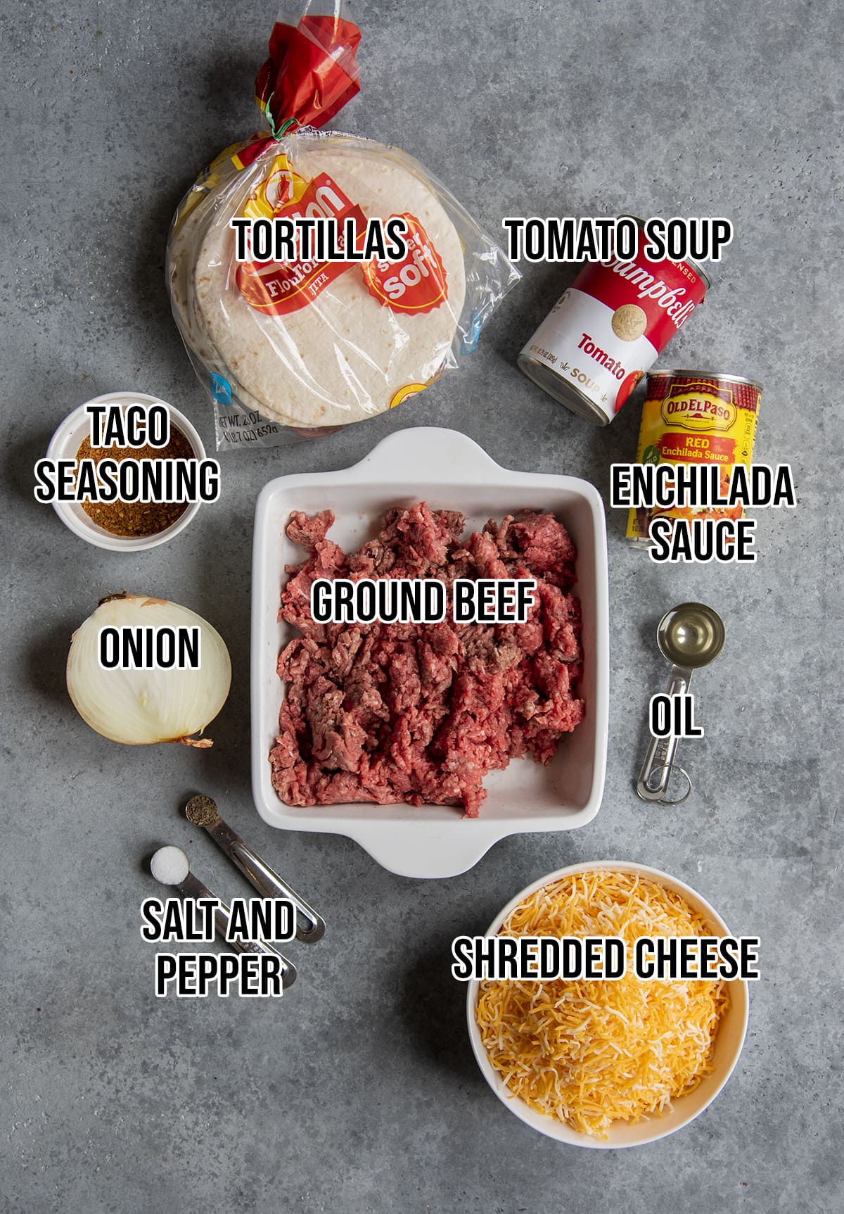 An overhead photo of the ingredients needed to make dutch oven enchilada casserole. 