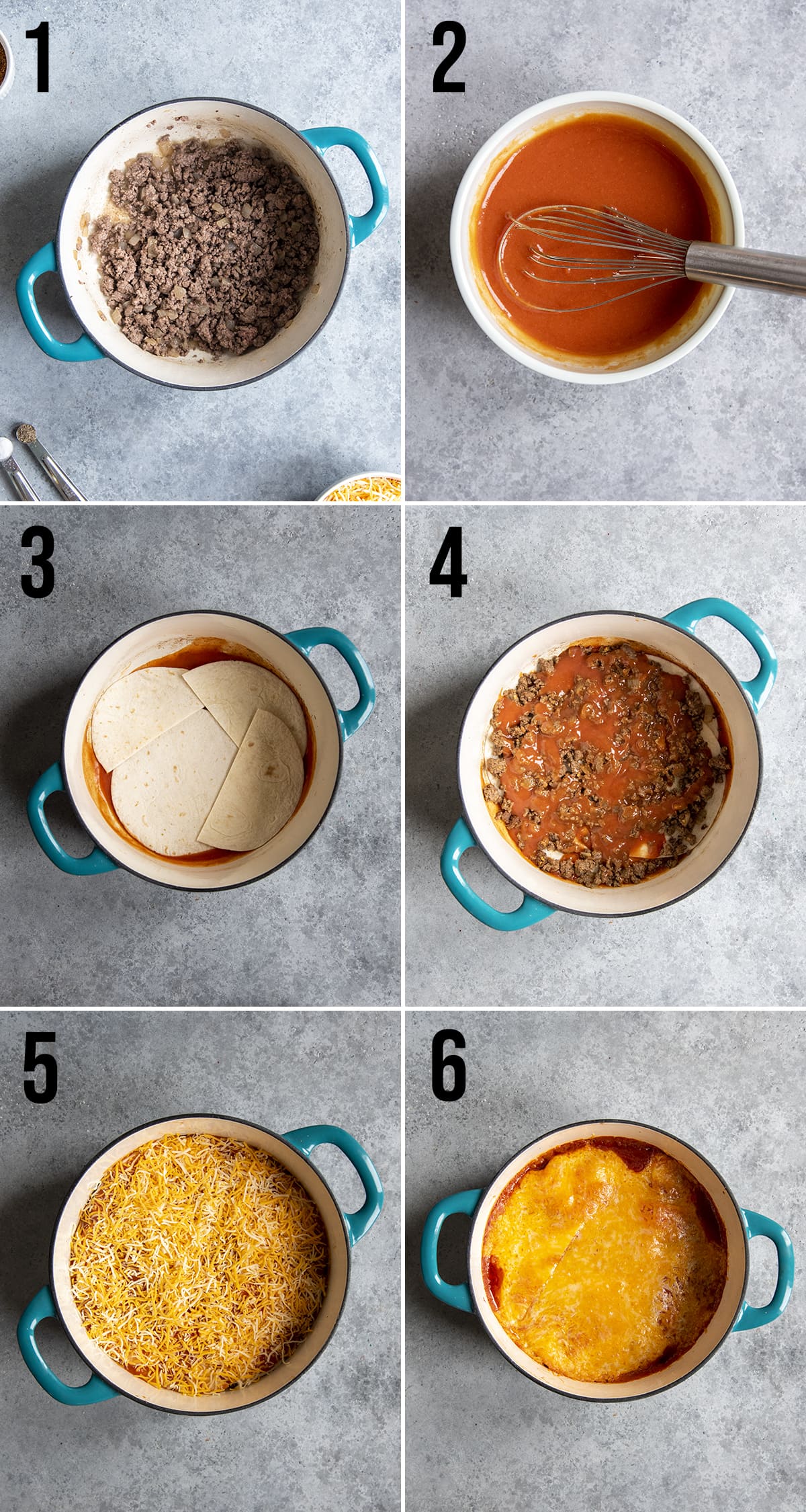 A collage of 6 images showing the steps on how to make dutch oven enchiladas.