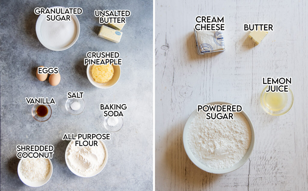 A collage of two photos of the ingredients needed to make pineapple coconut cookies. 
