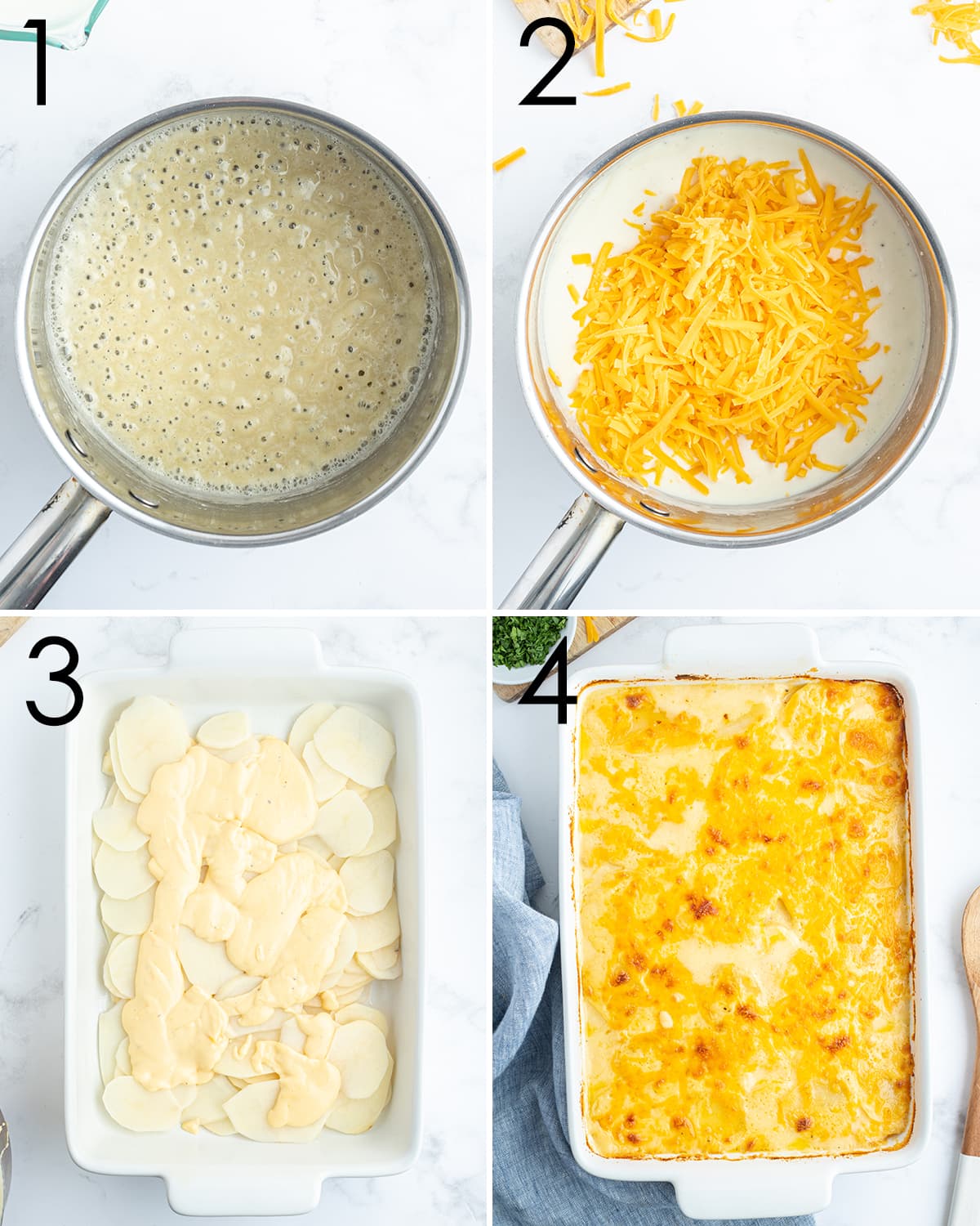 A collage of four photos showing how to make cheesy scalloped potatoes.