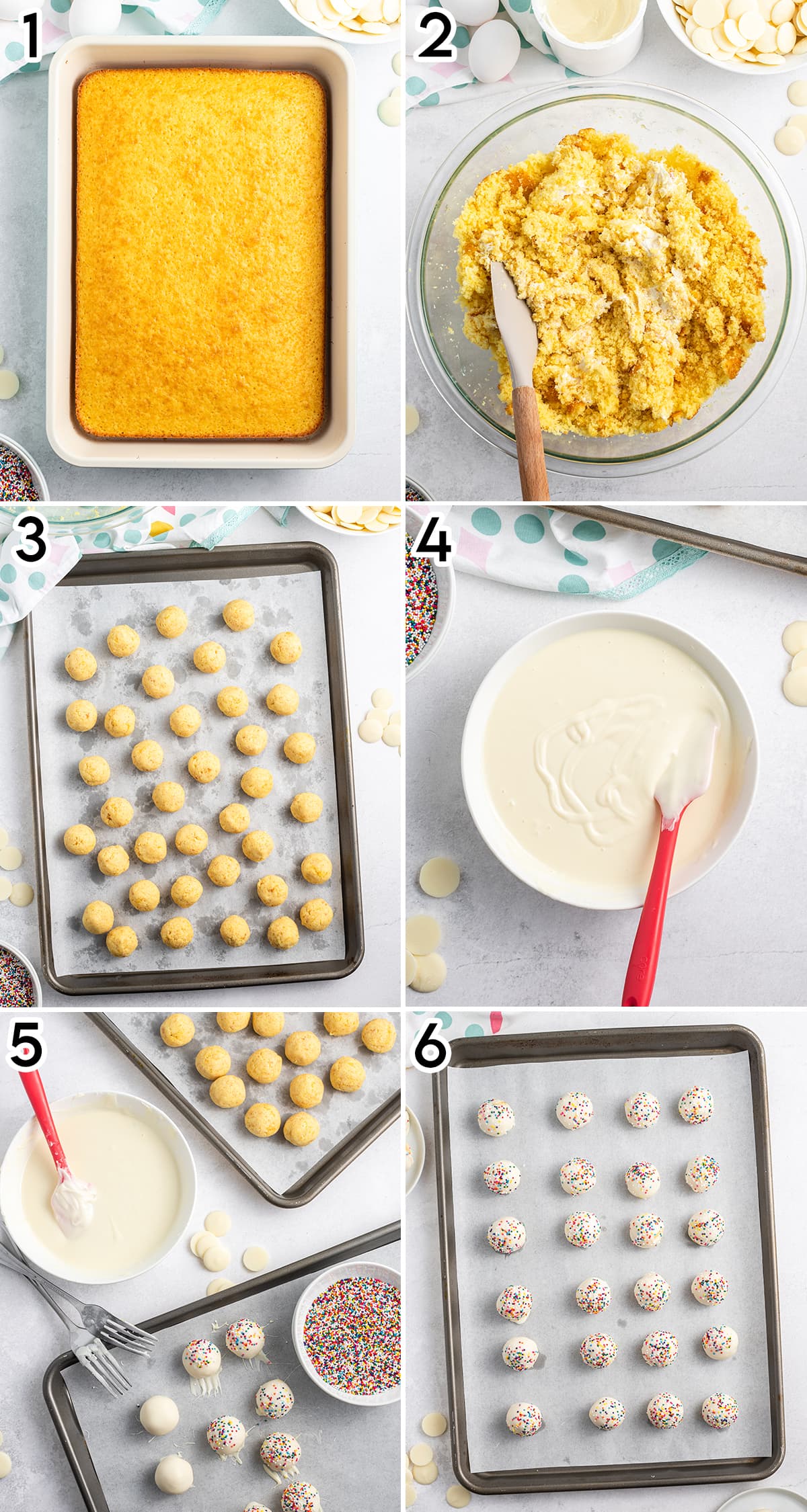 A collage of 6 photos showing the steps involved in making cake balls.