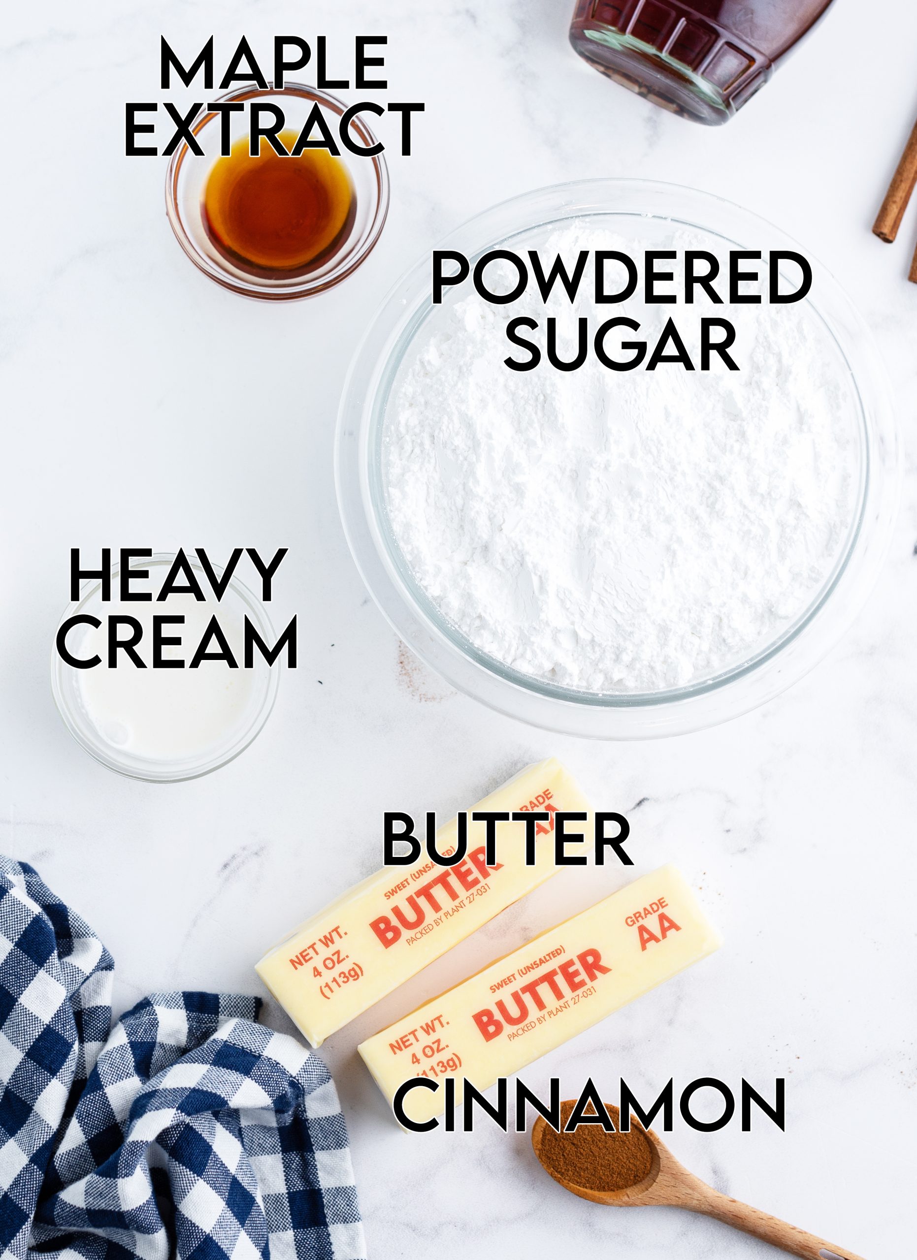 The ingredients needed to make maple buttercream frosting.