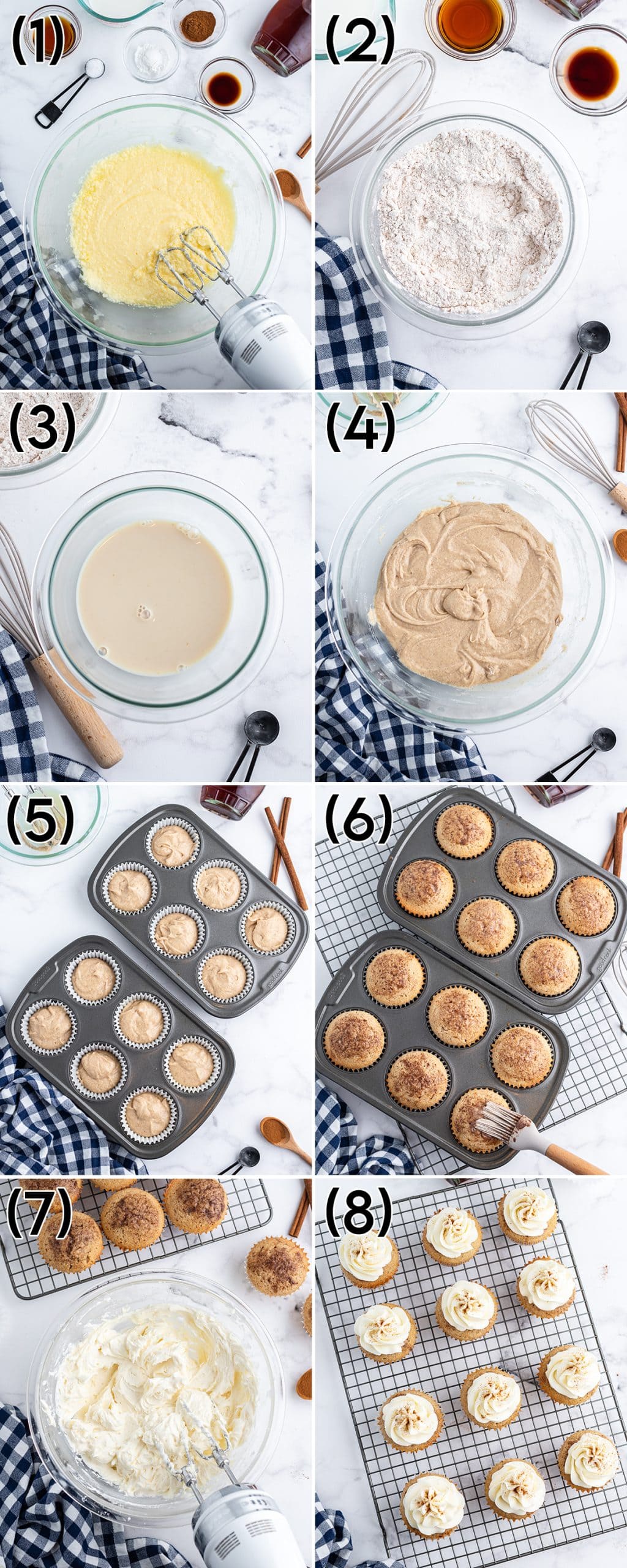 A collage of 8 step by step photos showing how to make french toast cupcakes and top them with frosting.