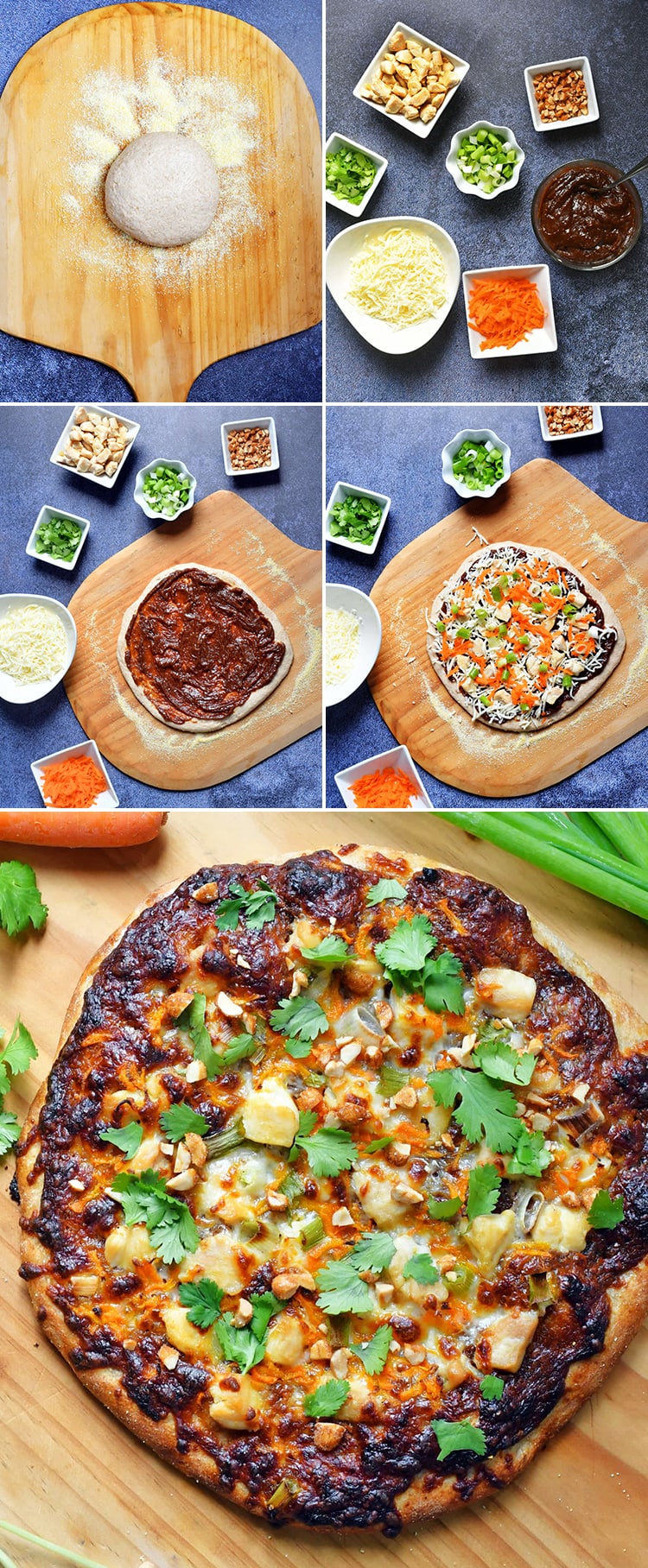 Collage view of thai chicken pizza on a wooden board.