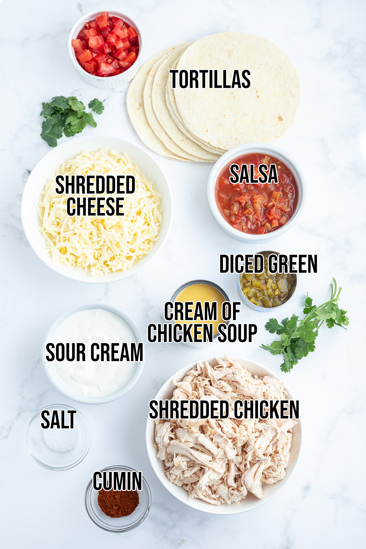 An overhead photo of the ingredients needed to make creamy chicken enchiladas.