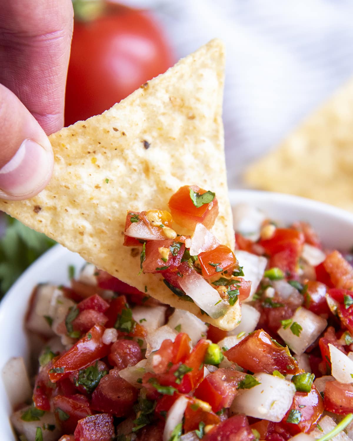 A tortilla chip dipping into a bowl of chunky salsa.