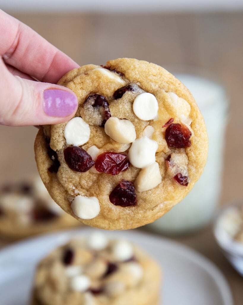 A hand holding a cookie loaded with white chocolate chips, cranberries, and macadamia nuts.