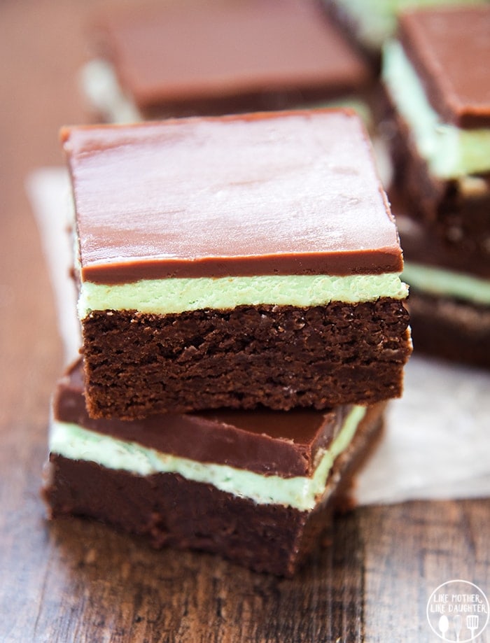 Two mint brownies stacked together.