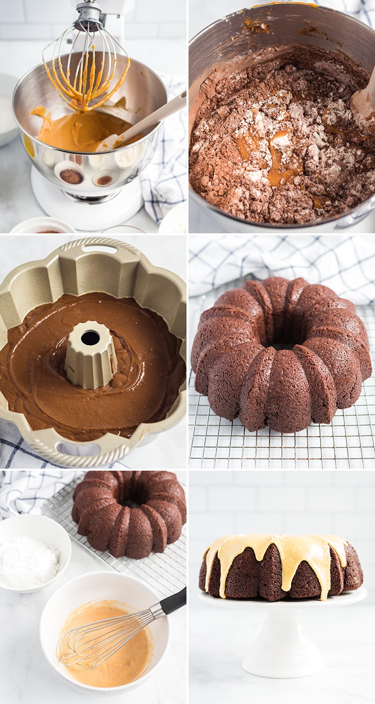 A collage of step by step photos of how to make chocolate bundt cake.