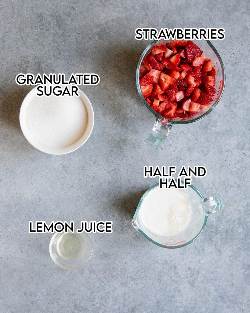 Four bowls of the ingredients needed to make Strawberry Sherbet. 
