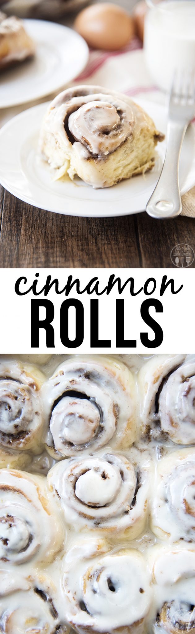 Title card for cinnamon rolls with text.