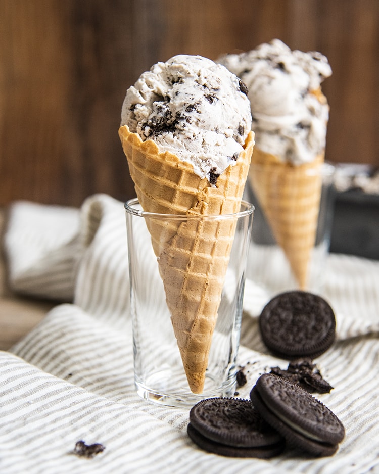 Cookies and cream ice cream in an ice cream cone