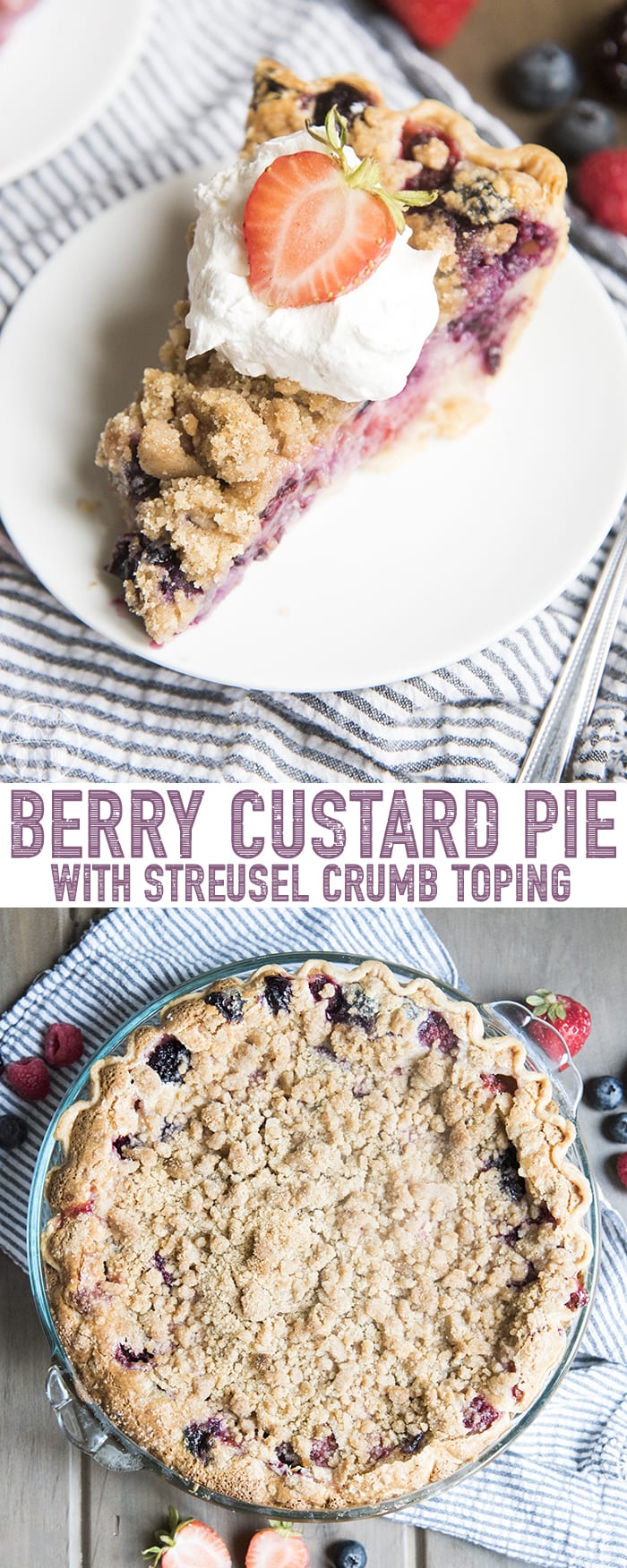 A gorgeous berry custard pie with mixed berries, a sour cream custard and a crumb streusel topping, the perfect pie for the holidays!
