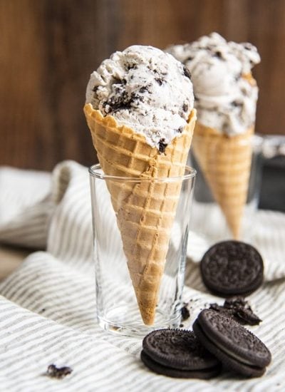 Cookies and cream ice cream in an ice cream cone