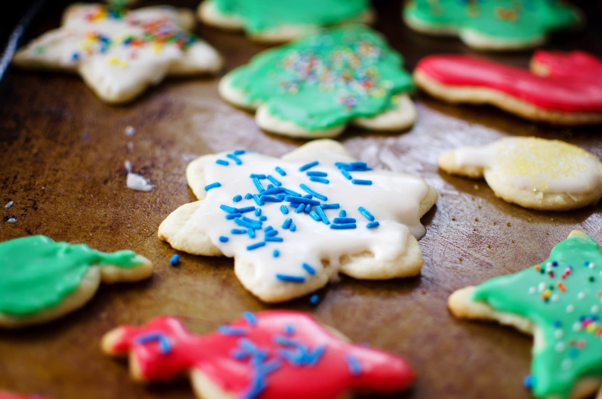 Christmas sugar cookies on an old cookie sheet. 