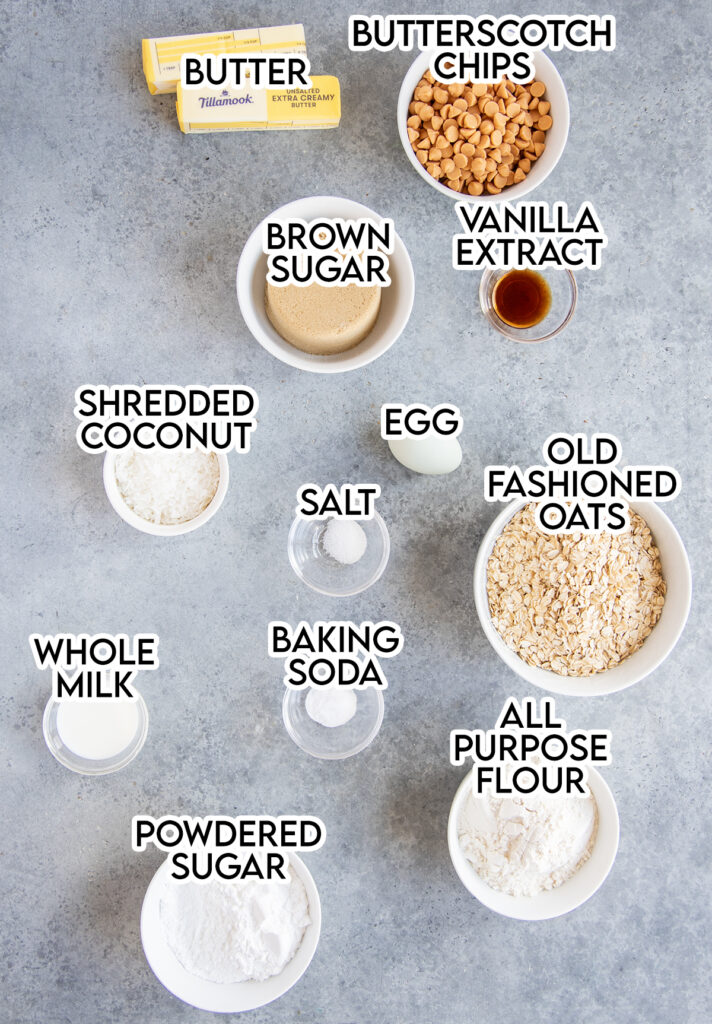 An overhead photo of the ingredients needed to make butterscotch bars. 