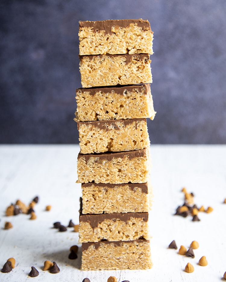A giant stack of no bake scotcheroo bars