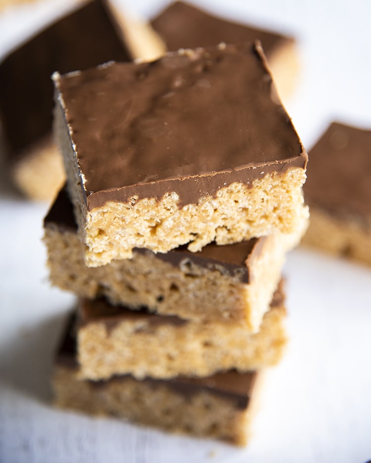 Peanut butter cereal bars with chocolate and butterscotch on top