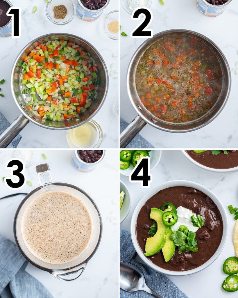 A collage of four photos showing how to make black bean soup.