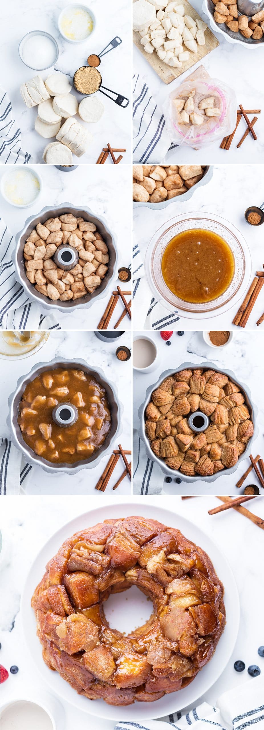 A collage of step by step photos showing how to make homemade monkey bread.