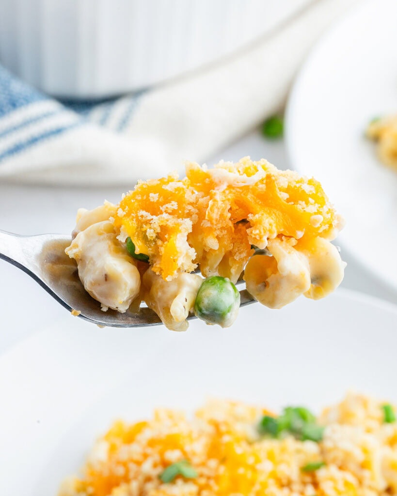A forkful of noodle casserole topped with bread crumbs and cheese.