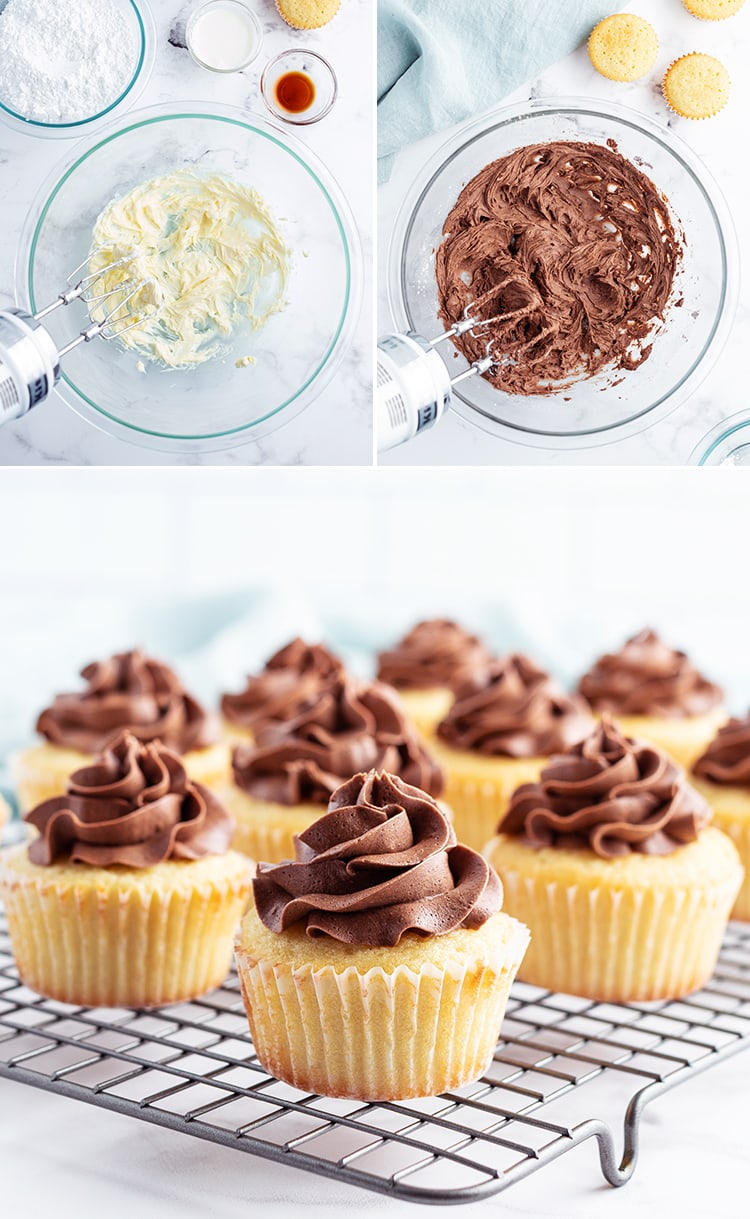 Step by step photos showing how to make chocolate buttercream, showing it mixed in a bowl with a hand mixer.