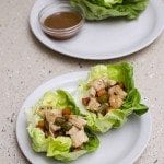 Angled view of chicken lettuce wraps on a white plate.