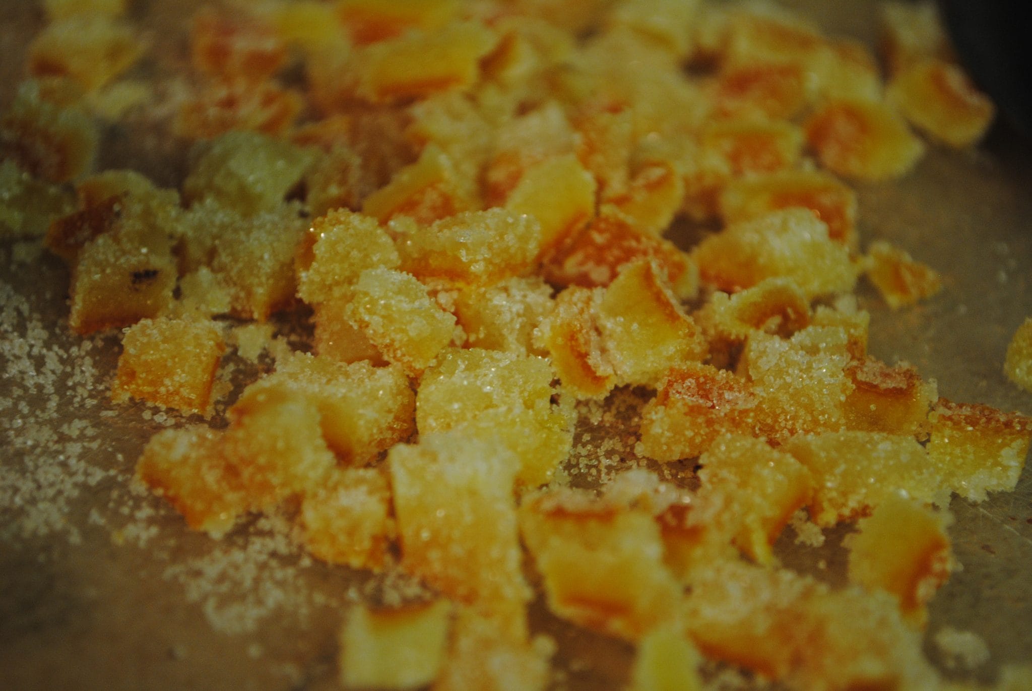 Close up view of sugar coated bread pieces.