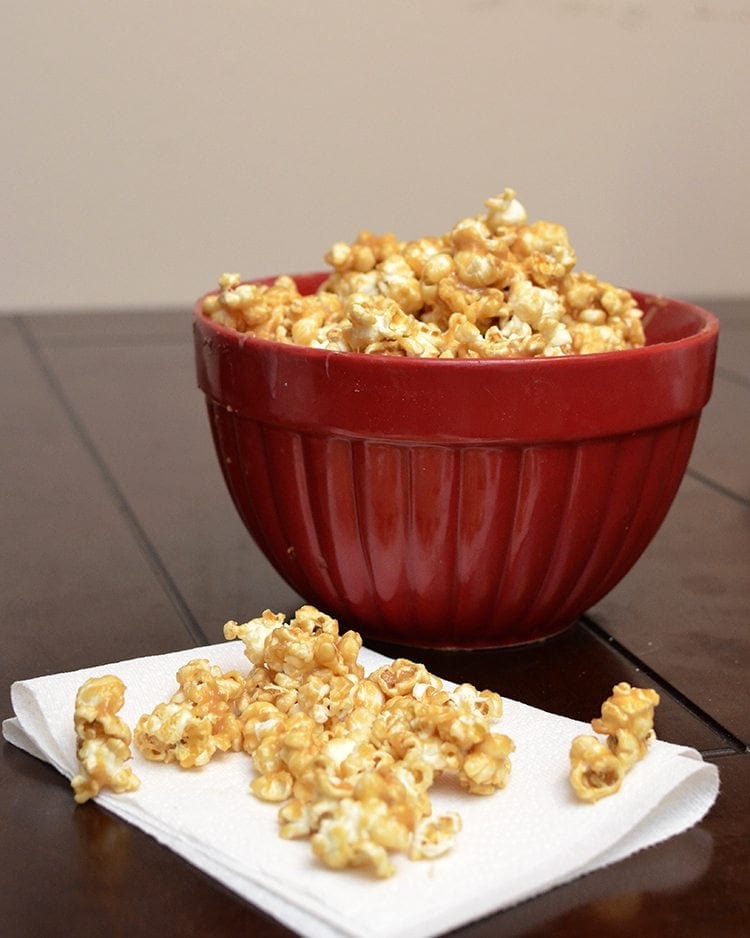 Front view of peanut butter popcorn in a bowl.