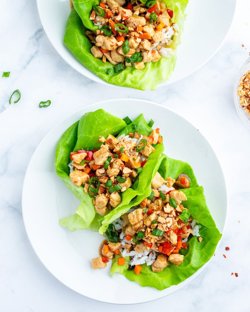 A plate of two chicken lettuce wraps.