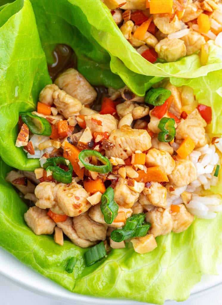 A plate of two chicken lettuce wraps., topped with green onion and red bell pepper.