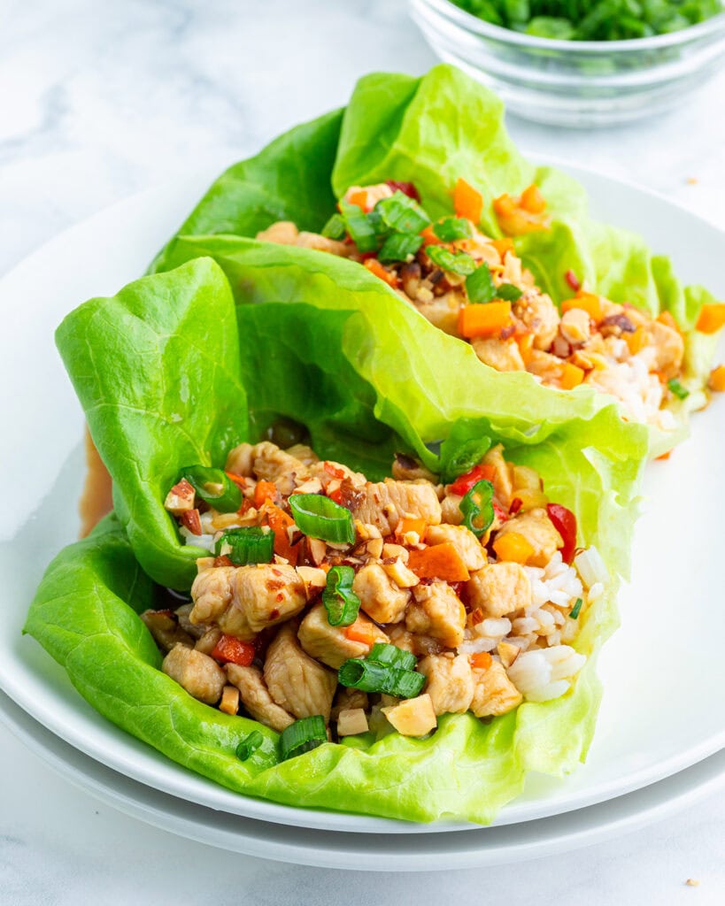 A plate of two chicken lettuce wraps., topped with green onion and red bell pepper.