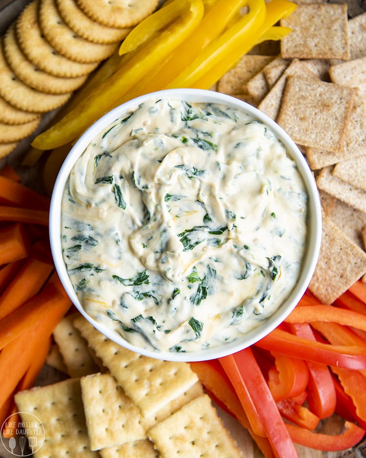 Easy spinach dip is perfect served with crackers and vegetabels