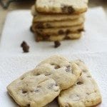Front view of chocolate chip shortbread cookies on a paper towel.