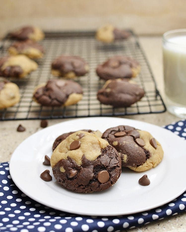 Peanut butter and chocolate swirled cookies on a plate. 