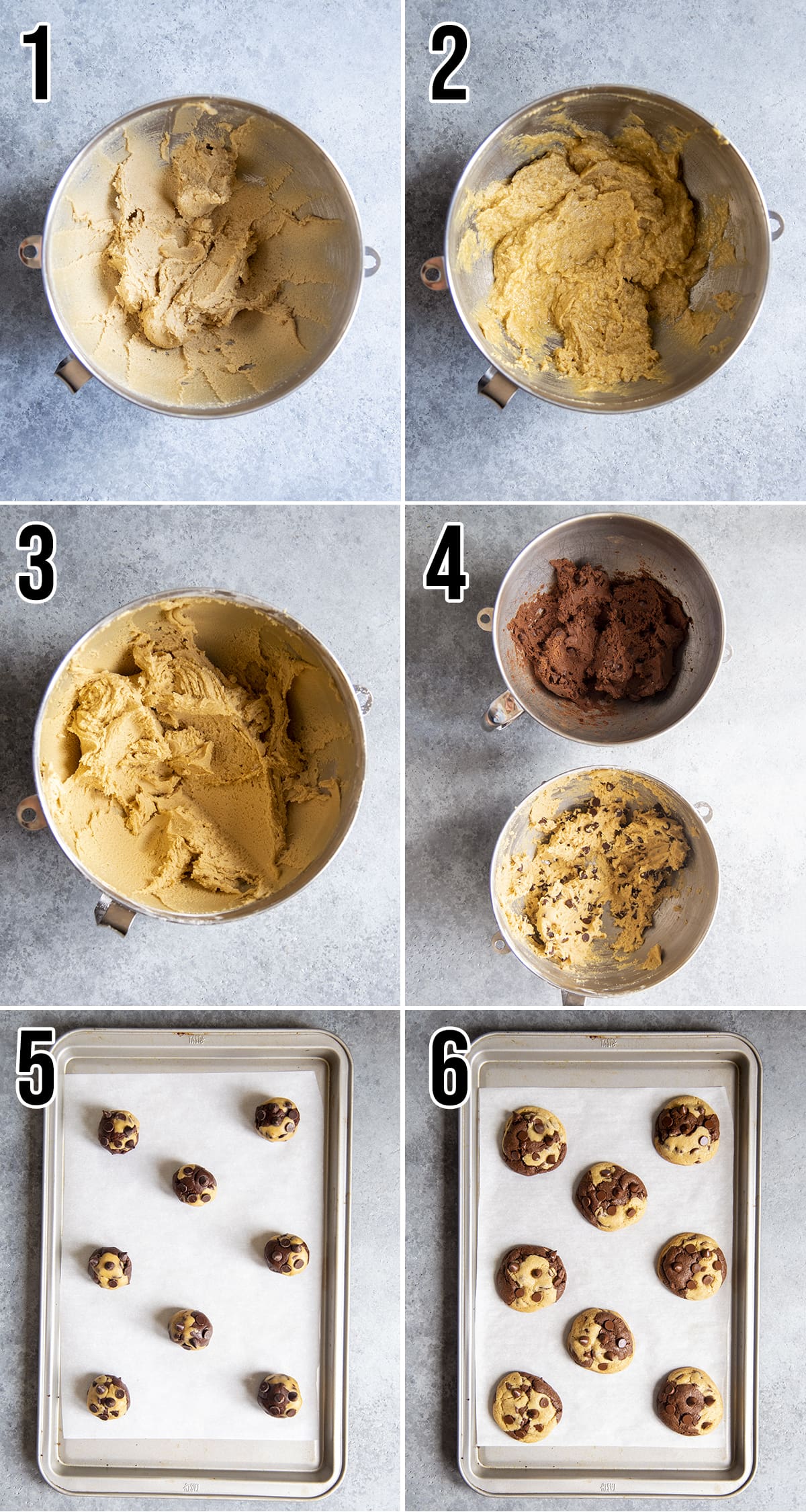 A collage of 6 photos showing how to make marble cookies.