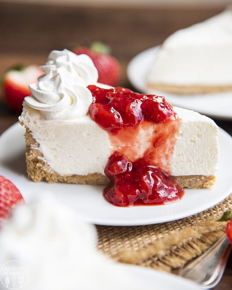 No Bake Cheesecake topped with fresh strawberry sauce