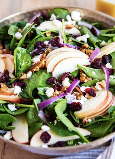 A bowl of spinach salad with apple slices, red onion, cranberries, and feta.