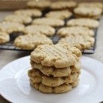 Front view of simple peanut butter cookies on a white plate.