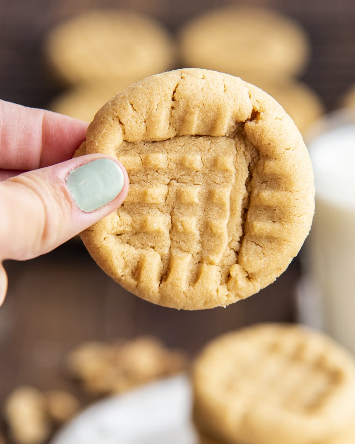 A hand holding a peanut butter cookie with fork marks on top.