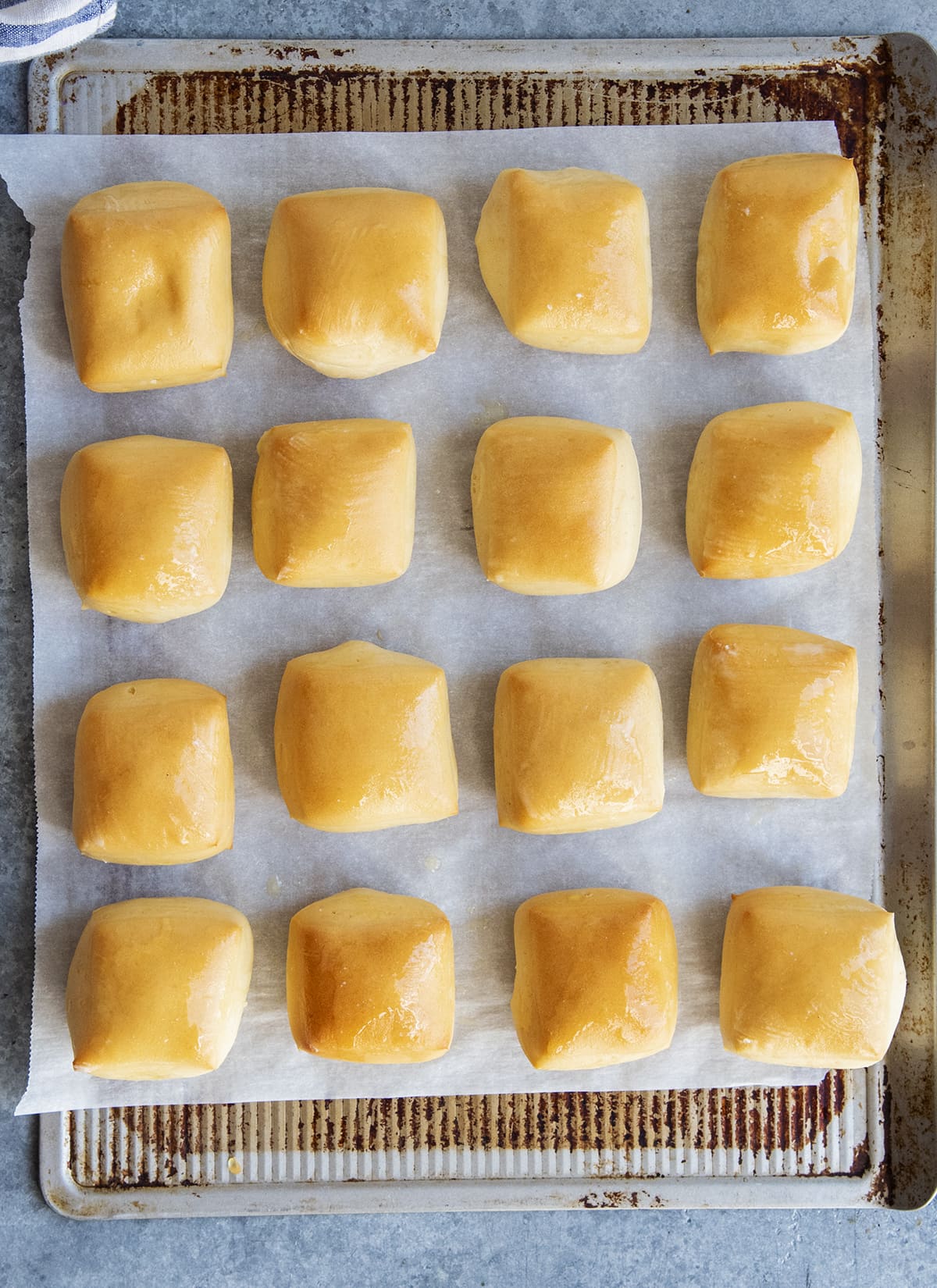Rows of golden square Texas Roadhouse style rolls on a baking sheet.